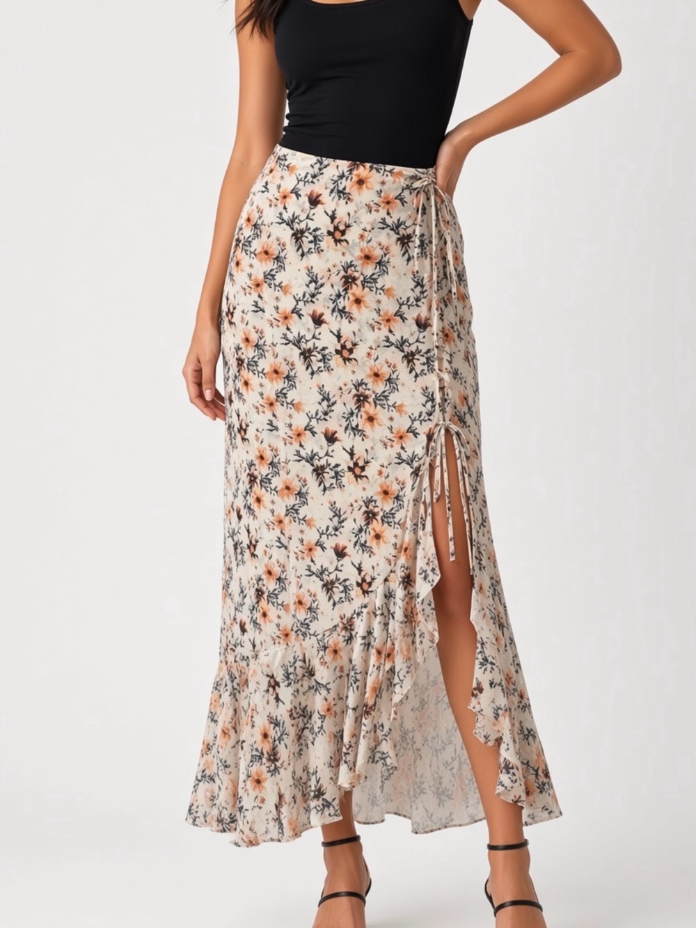 Free people Floral Maxi Skirt - Cream and Black, peach in size 8